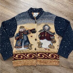 VTG Sugar Street Weavers • Mr. & Mrs. Snowman Tapestry Button Up Cardigan